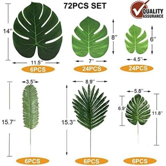 72 Pcs 6 Kinds Palm Leaves Artificial Tropical Plant Faux Leaves Safari Leaves - Picture 7 of 7